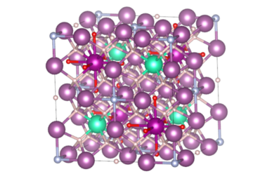 A cube-shaped structure made up of purple and green circles connected by thin lines.