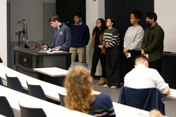 Students take part in a class presentation.