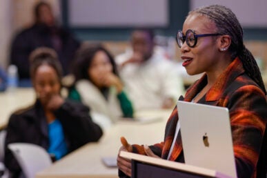 New Engineering Dean Lola Eniola-Adefeso speaking to a group of people.