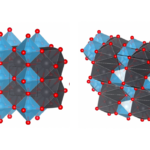 Two crystal structures made up of blue and gray polygons connected by red dots.