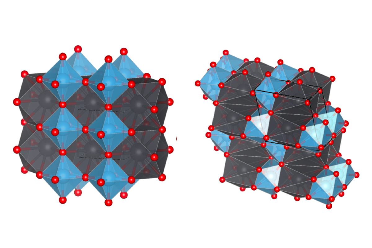 Two crystal structures made up of blue and gray polygons connected by red dots.