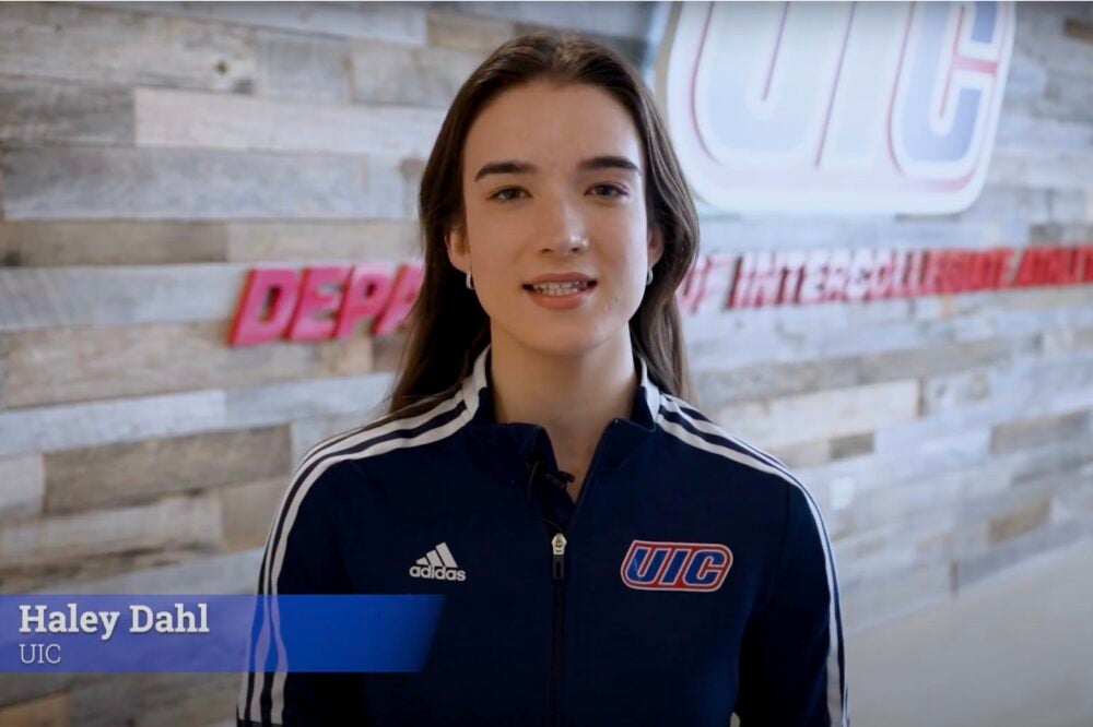 UIC track and field athlete Haley Dahl who is pursuing her master's degree in civil engineering is shown in a freeze-frame from her social media interview in which she answers questions for the Missouri Valley Conference's scholar-athlete spotlight.