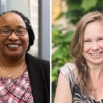 Side by side photographs of two females. Image on left is a woman with black braids in front of glass walls. Image on right is of a woman with brown hair in front of an ivy-covered wall.